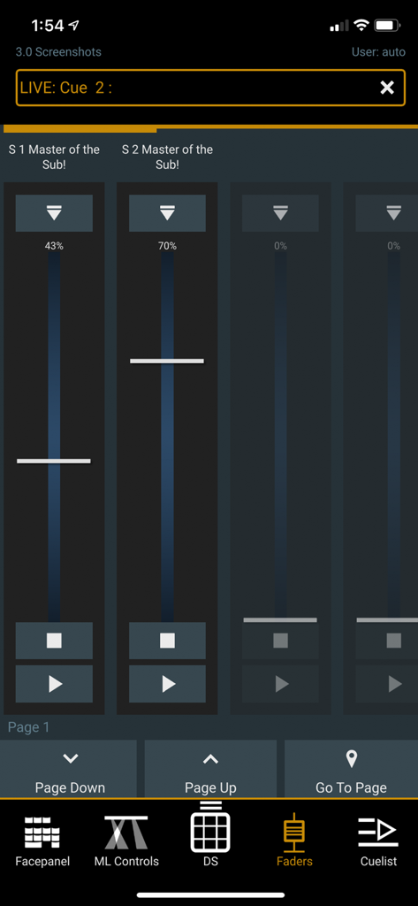 iRFR - LR - Interface of the iRFR - LR app showing vertical lighting submaster faders and controls