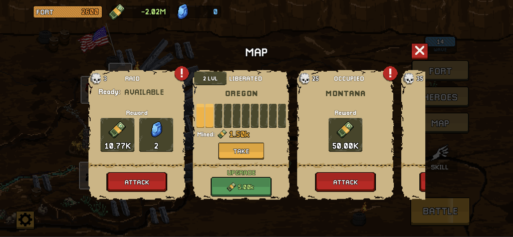 Fortress: Stickman Trenches - Una pantalla de mapa estratégico en Fortress Stickman Trenches mostrando opciones de misión para Oregón y Montana con recompensas y botones de mejora.