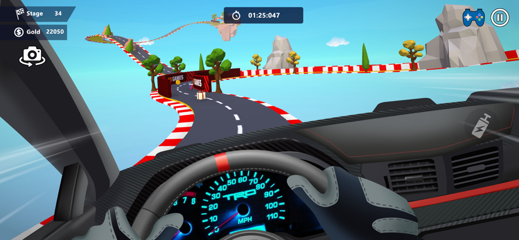 First person cockpit view of a car driving on a sky parkour track
