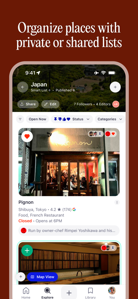 North - Save & Share Places - Interfaz de la aplicación North que muestra una lista curada de restaurantes para Japón con funciones de colaboración privada y compartida