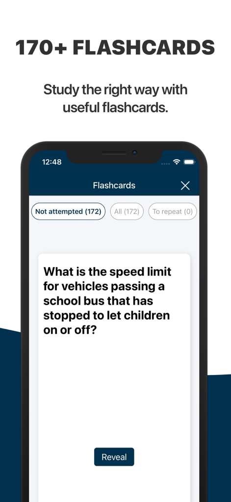 Flashcard screen from the NZ Road Code driving test app asking about school bus speed limits