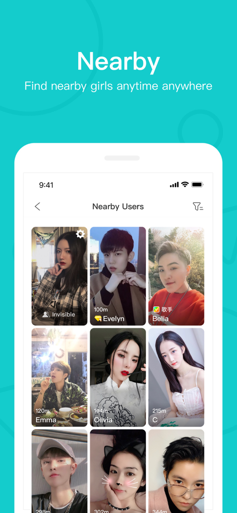 A mobile app screenshot of the L showing a grid of profile photos of nearby queer women with their names and distances