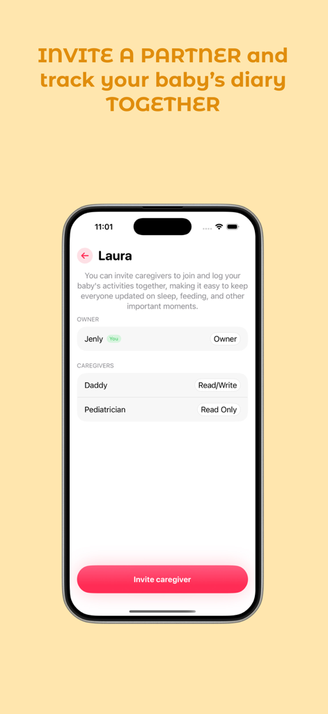 Baby Tracker - Newborn Diary - Mobile app screen showing the family sharing feature to invite a partner and caregivers to track a baby diary together.