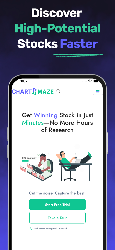ChartsMaze - ChartsMaze mobile app screen for discovering high potential stocks faster.