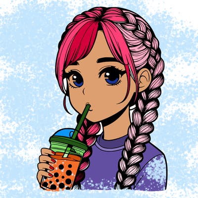 realistic girl with braided hair drinking boba