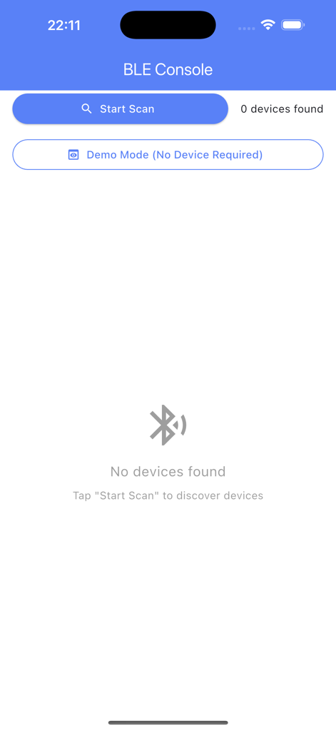 Main interface of the Serial BLE Console app showing the device discovery screen with start scan and demo mode buttons