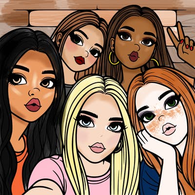 group of teen girls friends y2k up close in a selfie