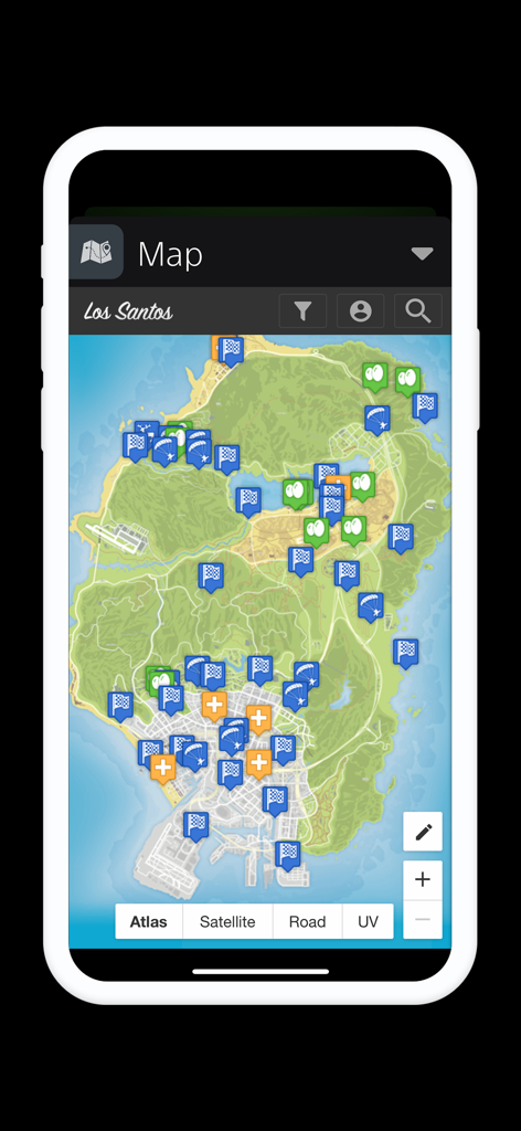 GTA V 치트 앱의 로스 산토스 대화형 지도 (비밀 및 미션 마커 표시)