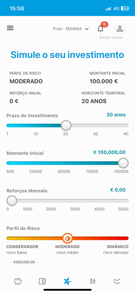 Investment simulation screen in the Banco Invest app showing sliders for term duration initial amount and risk profile