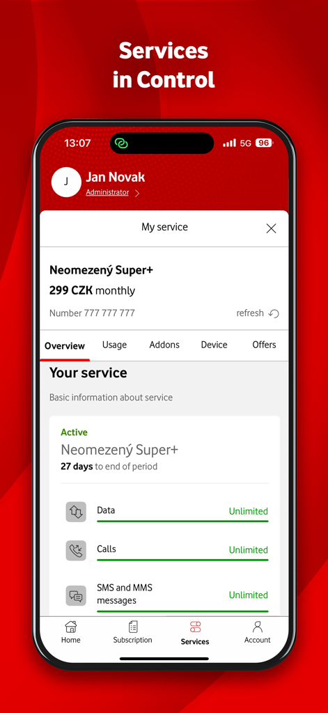 Interface de l'application mobile My Vodafone plus montrant les services actifs et les détails de l'abonnement, y compris les données et les appels illimités