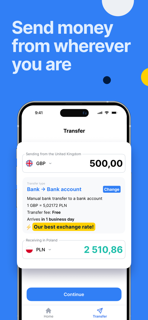 TransferGo: Money Transfer - Interfaz de la aplicación móvil TransferGo que muestra una transferencia de dinero de libras esterlinas a eslotis polacos