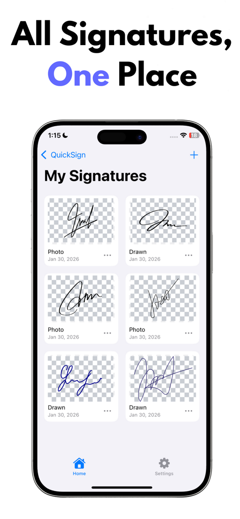 Signature Scanner: Quick Sign - Mobile app interface displaying a library of saved handwritten and digital signatures in the QuickSign app
