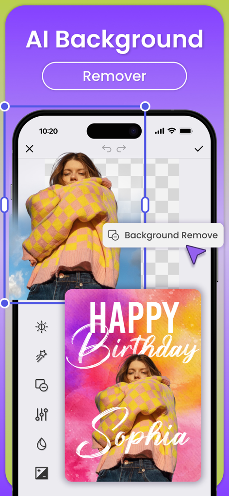 Mobile app interface showing an AI background removal tool used to create a custom birthday card.