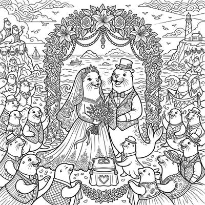 Immerse yourself in the heartwarming scene of a sea lion wedding, featuring a charming couple and their entire colony in festive attire. This intricate coloring page captures a joyful celebration by the ocean, ready for your creative touch.