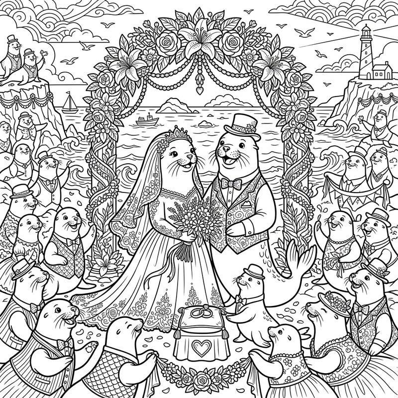 Immerse yourself in the heartwarming scene of a sea lion wedding, featuring a charming couple and their entire colony in festive attire. This intricate coloring page captures a joyful celebration by the ocean, ready for your creative touch.