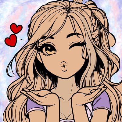 realistic girl winking and blowing a kiss while making heart hands