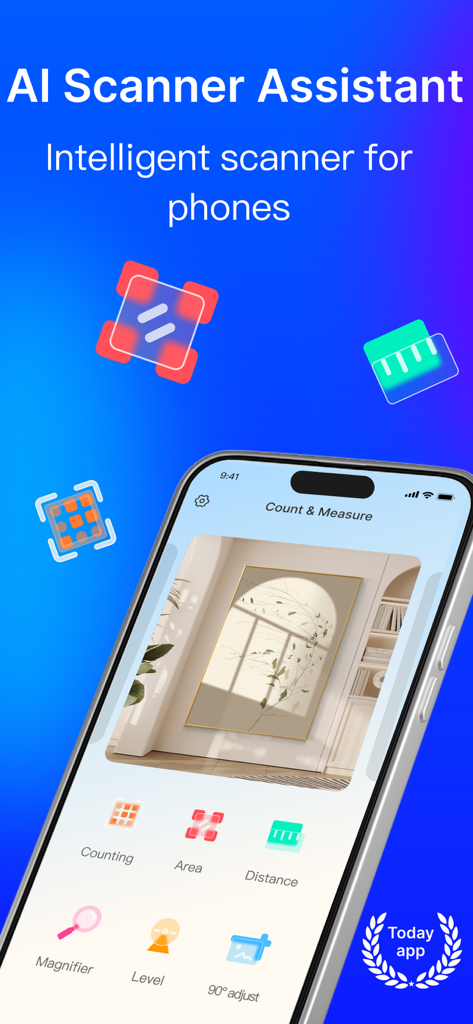AI Scanner-Count&Measure - Interface of AI Scanner Assistant app displaying measurement and counting tools on a smartphone