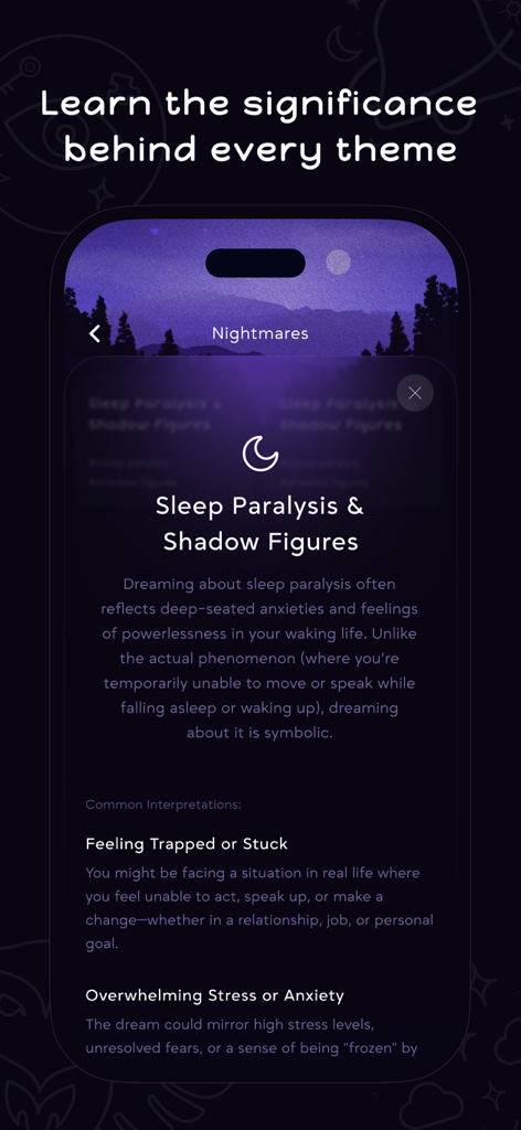 DreamOwl: Dream Journal - DreamOwl app interface illustrating the interpretation of subconscious dream themes.