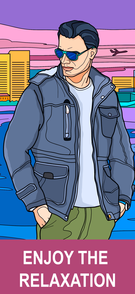 Eine digitale Malvorlage aus der App, die einen stilvollen Mann in Jacke und Sonnenbrille vor einer Skyline zeigt, mit dem Text Genießen Sie die Entspannung.