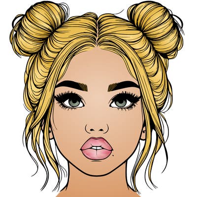 realistic girl with two buns on her hair and lips