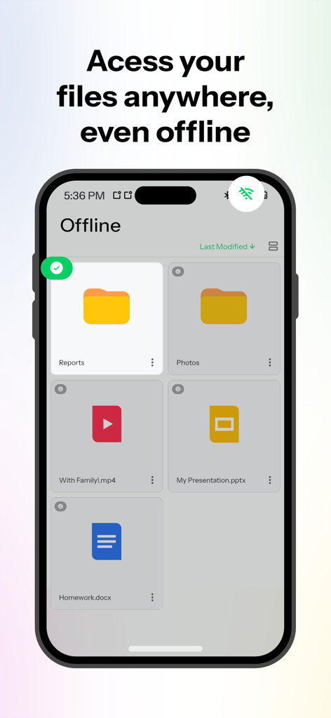 Drime: Files Cloud Storage - Smartphone screen displaying the Drime app offline folder with various files and documents