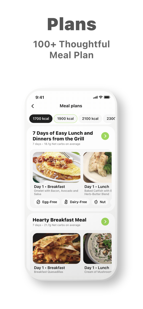 Keto diet app interface showing customized low carb meal plans and calorie filters
