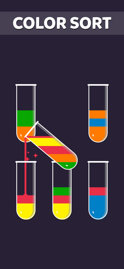 試験管と色のついた液体を示すカラーソートミニゲーム画面