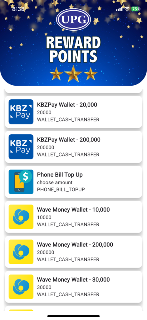 UPG Rewards - Pantalla de la aplicación UPG Rewards que muestra las opciones de canje de billetera móvil y recarga de teléfono