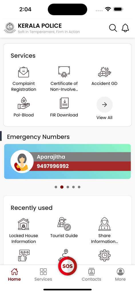 Pol-App(Kerala Police) - Dashboard of the Kerala Police app featuring digital services emergency numbers and a large SOS button