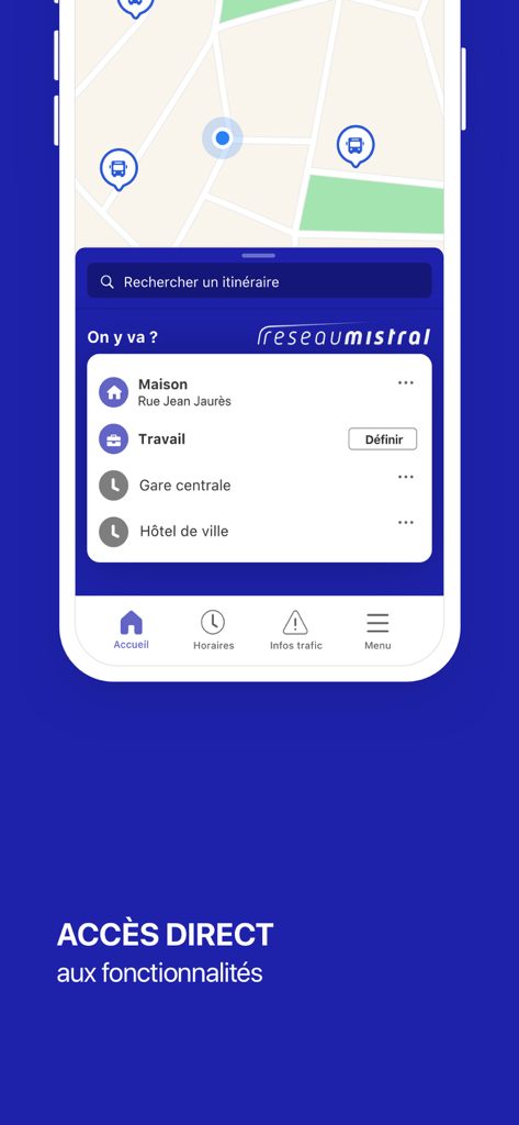 réseau Mistral - Une interface d'application mobile pour le réseau de transport de Toulon montrant une carte et des lieux enregistrés pour une navigation rapide