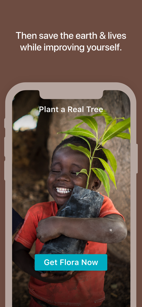 A smiling child holding a tree sapling representing the real world environmental impact of the Flora app
