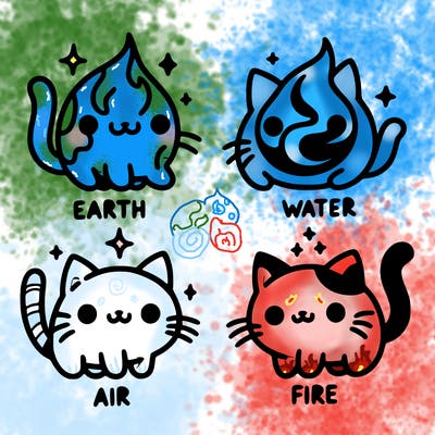 4 cats that represent the different elements, earth, water, air, and fire