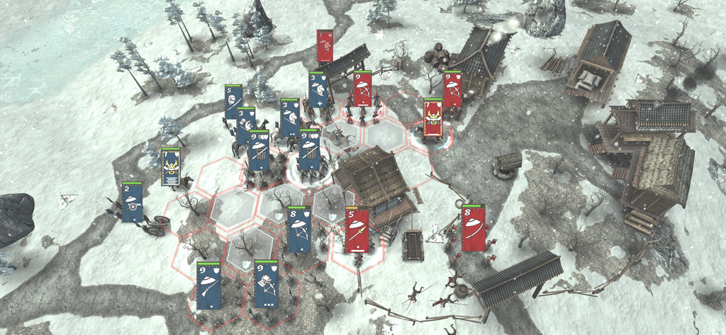 Shogun's Empire: Hex Commander - Tactical hex-based combat between samurai units in a snowy Japanese village