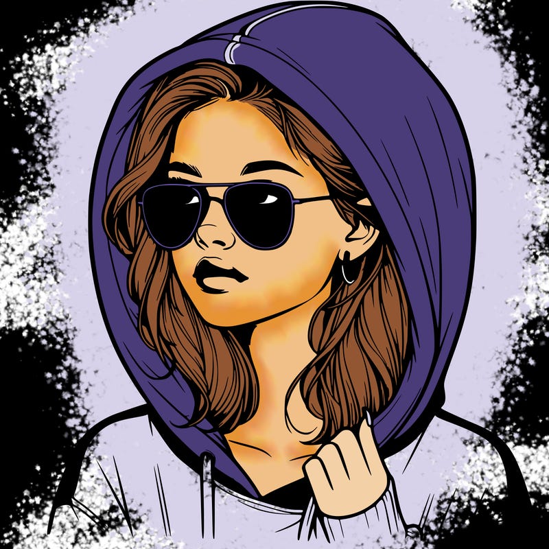 realistic teenage girl, wearing a hoodie and sunglasses