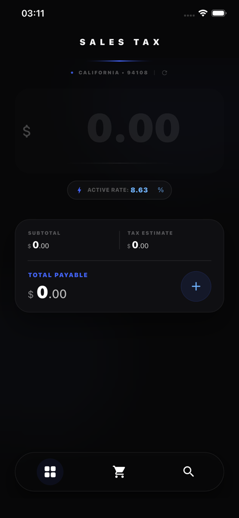 Sales Tax Calculator & Rates - Interfaccia dell'app calcolatrice tasse di vendita che mostra l'aliquota fiscale della California dell'8,63% in tema scuro