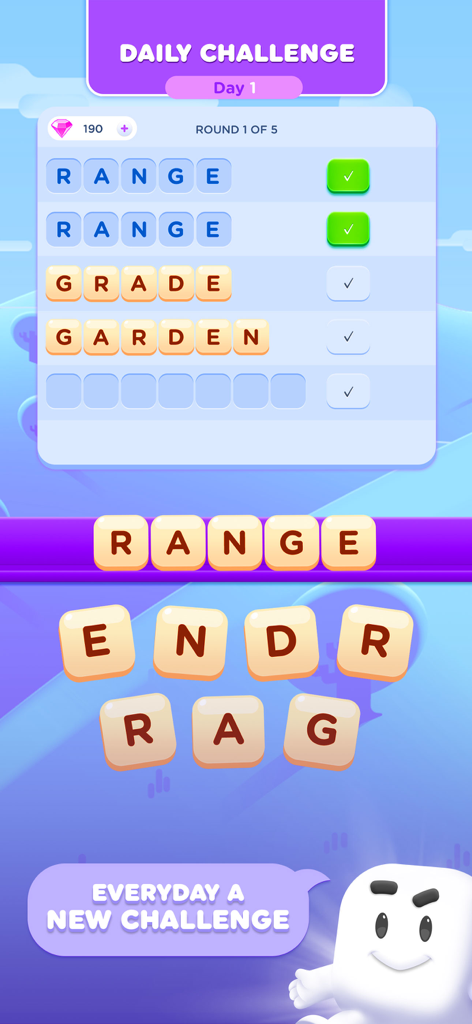 Wordzee! - Puzzle Word Game - Wordzeeモバイルゲームインターフェイス。アナグラム単語パズルを備えたデイリーチャレンジを特徴としています。