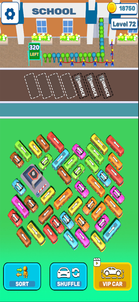 Bus Out Frenzy Traffic Jam - A mobile puzzle game screen showing colorful buses and cars in a traffic jam waiting to be sorted near a school building