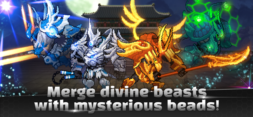 Hunter Raid: Idle RPG Games - Four powerful pixel art divine beasts in Hunter Raid Idle RPG showcasing the fusion and upgrade system.