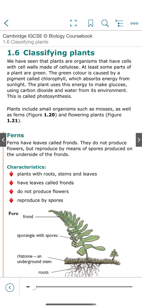 Cambridge Reader - Cambridge Reader app interface showing an IGCSE biology textbook page about plant classification and fern anatomy