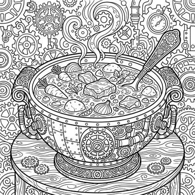 Unleash your creativity with this extraordinary coloring page featuring a hearty lamb stew served in a fascinating steampunk-inspired bowl. Every intricate detail, from the bubbling broth to the gears and pipes, invites a unique and engaging coloring journey.