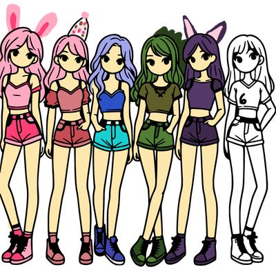 a group of girls wearing crop tops and shorts