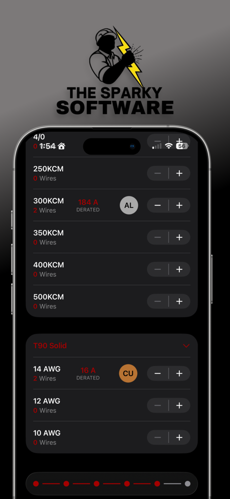 The Sparky Software mobile app screen showing electrical wire size selection and derated ampacity calculations