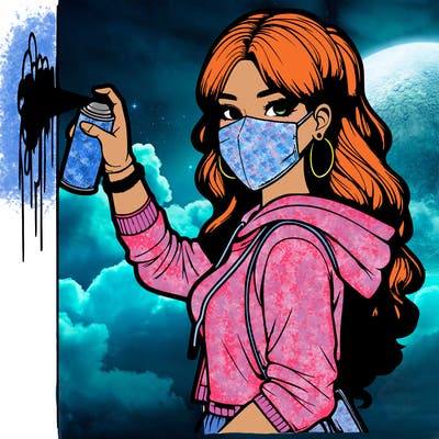 realistic girl with mask spray painting a wall