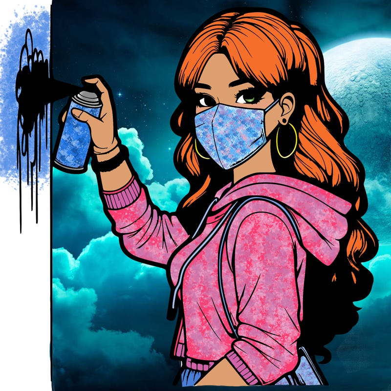 realistic girl with mask spray painting a wall