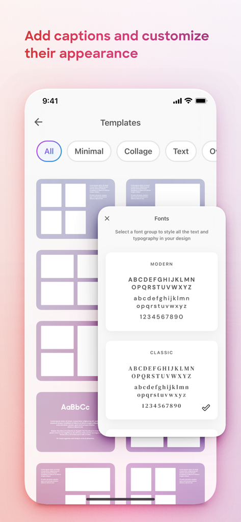 Oberfläche der Popsa App, die Schriftoptionen und Layoutvorlagen für Fotobücher zeigt