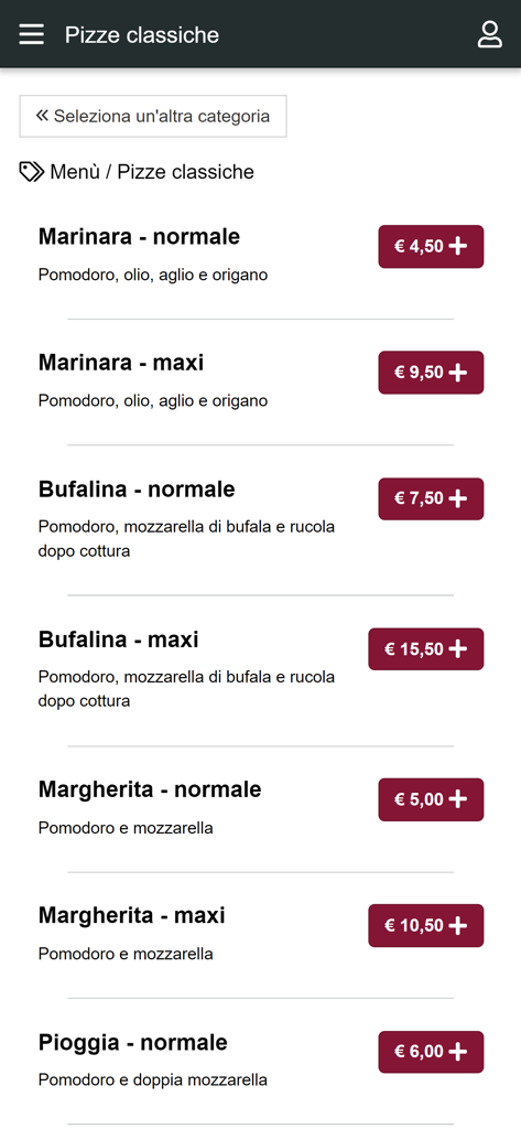 Pizzeria all'Angolo - Classic pizza menu with prices and descriptions in the Pizzeria all'Angolo mobile app