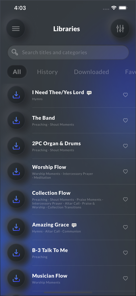 L'écran Bibliothèques de l'application Whoop Triggerz Plus montrant une liste de collections de musique gospel et de louange comme Worship Flow et Amazing Grace.