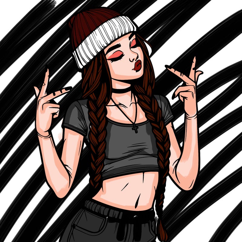 realistic teenage girl with braids and a beanie and crop top doing 🫶🏼