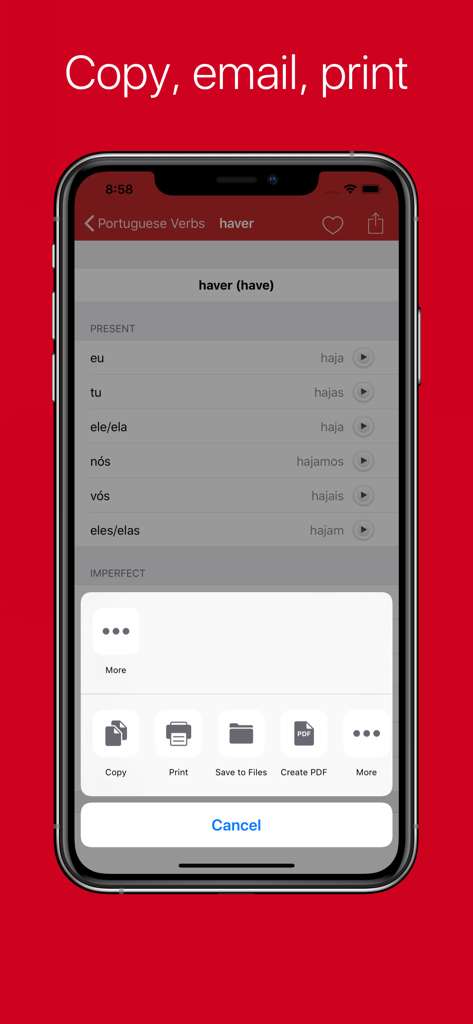 Portuguese Verb Conjugator Pro - Aplicación de conjugación de verbos portugueses que muestra opciones de exportación como copiar, imprimir y guardar como PDF