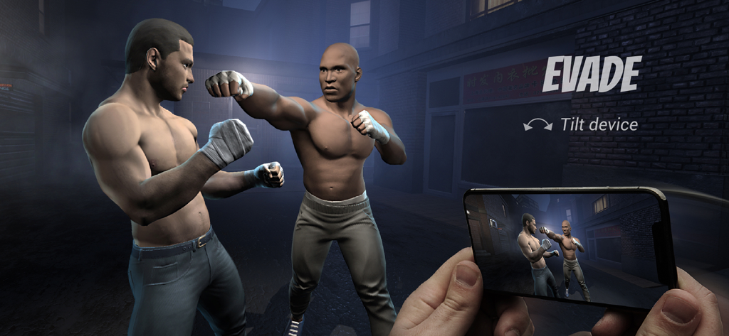 FightHood: Street Boxing Game - Gameplay screenshot of FightHood showing two boxers in a street fight with instructions to tilt the device to evade punches
